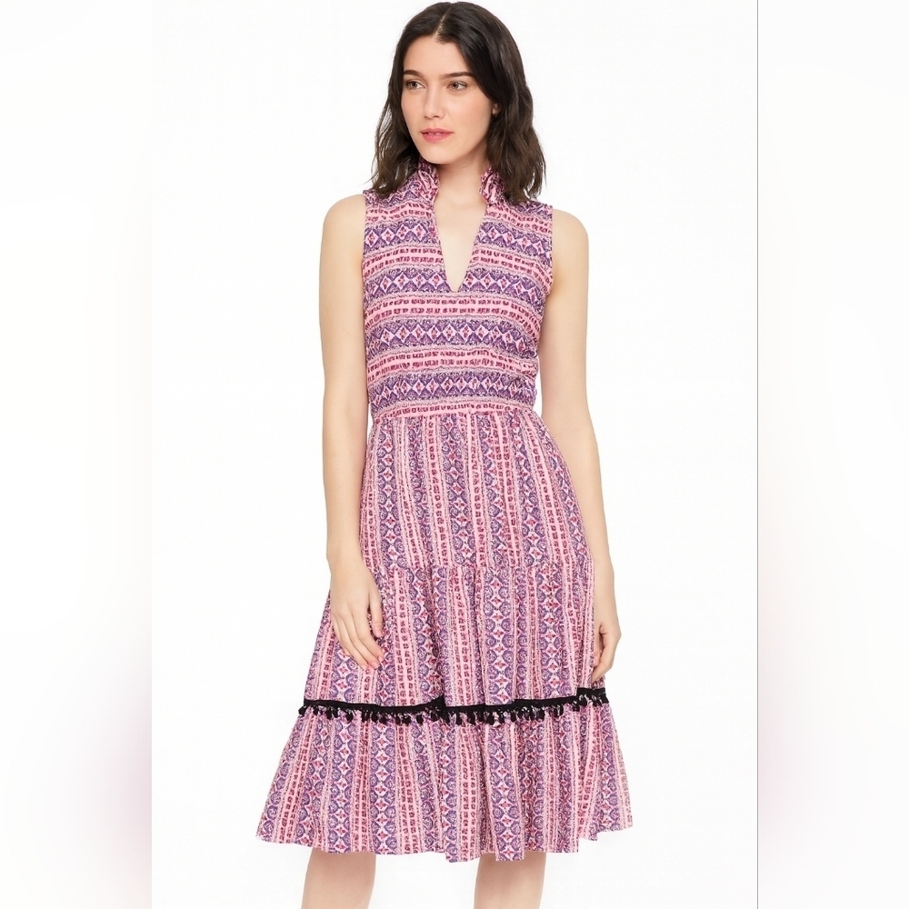 Magari Italy Fit Flare Skirt Sleeveless‎ Dress Women's Small Pom Pom Geo Print